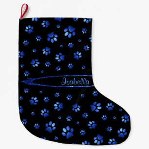 Grande Chaussette De Noël Parties scintillant bleue chien patte motif Monogr