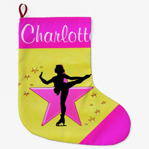GRANDE CHAUSSETTE DE NOËL PATINAGE PERSONNALISÉ EN OR ET EN ROSE