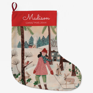 Grande Chaussette De Noël Patinage rouge et bleu motif L