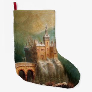 Grande Chaussette De Noël Paysage d'hiver avec château dans les montagnes