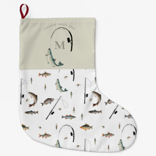 Grande Chaussette De Noël Pêche Rod & Reel Poisson Thème Pêcheur Monogramme
