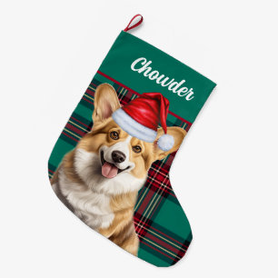 Grande Chaussette De Noël Pembroke Welsh Corgi Green Plaid and Dogs Nom