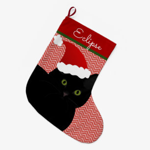 Grande Chaussette De Noël père Noël Black Cheveux Court Cat Green Eyes Per
