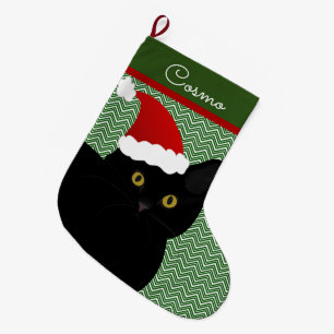 Grande Chaussette De Noël père Noël Chat Noir Avec Yellow Eyes Personnalis