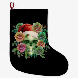 GRANDE CHAUSSETTE DE NOËL PÈRE NOËL DRÔLE CRÂNE VERT ET FLORAL NOËL