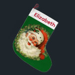 Grande Chaussette De Noël Père Noël vintage avec couronne de pin<br><div class="desc">Récipiendaire de Noël personnalisé avec un nom. Conçu avec une image rétro avec un joyeux Père Noël souriant entouré d'une couronne de pin avec une branche de saint dans son casquette.</div>