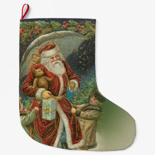 Grande Chaussette De Noël Père Noël vintage avec des enfants