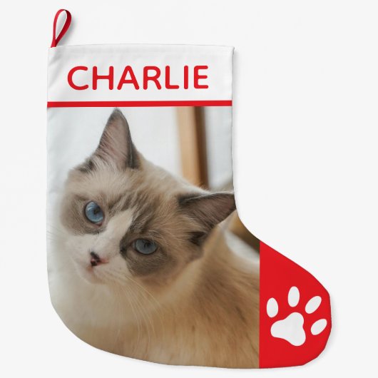 Grande Chaussette De Noël Personalized Simple Paw Pet Photo Monogram Name (Devant)