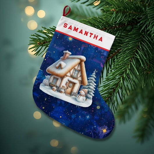 Grande Chaussette De Noël Personalized Snowman & Cabin Christmas Stocking