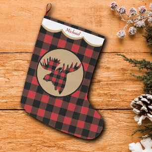 Grande Chaussette De Noël Personnalisation de la tête d'orignal Plaid Red B