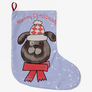 Grande Chaussette De Noël Petit chien de Noël portant un bonnet et une échar