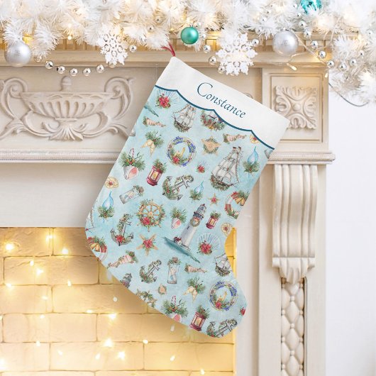Grande Chaussette De Noël Phare Nautiques de Noël Navires Ajouter Votre Nom