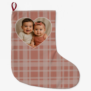 Grande Chaussette De Noël Photo de famille personnalisée sur plaid terracott