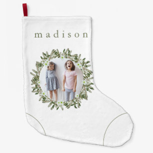 Grande Chaussette De Noël Pin rustique et couronne florale avec nom