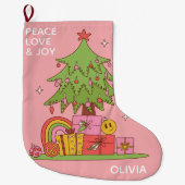 Grande Chaussette De Noël Pink Peace, Love & Joy Arbre de Noël Rétro (Devant)