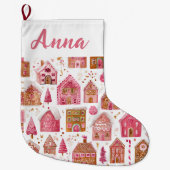 Grande Chaussette De Noël Pink Whimsical Gingerbread Houses Name Stocking (Devant)