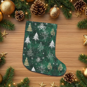 Grande Chaussette De Noël Pins d'or Silver Snowflakes Hunter Green