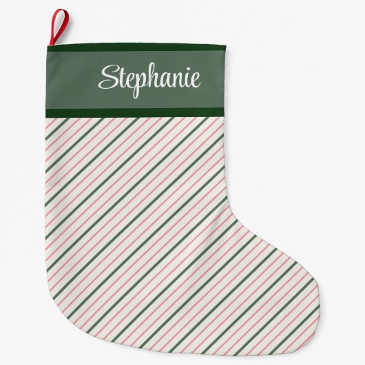 Grande Chaussette De Noël Pinstripe rose et vert avec nom (Devant)