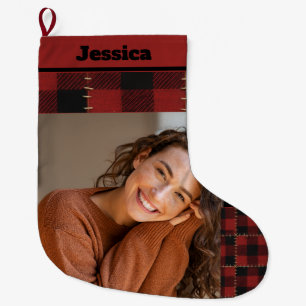 Grande Chaussette De Noël Plaid Buffalo Rustique Nom et Photo Personnalisés