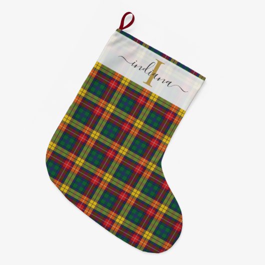 Grande Chaussette De Noël Plaid Tartan vert rouge Motif Noël (Devant (Accrochage))
