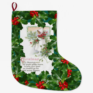 Grande Chaussette De Noël Poème vintage de Noël de baie de houx de carte d