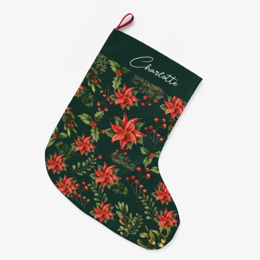 Grande Chaussette De Noël Poinsettia Mistletoe Noël Floral (Devant (Accrochage))