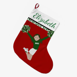 Grande Chaussette De Noël Pom-pom girl Brunette Vert Et Blanc