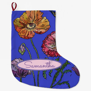 Grande Chaussette De Noël Poppies de pavot bleu orange rouge Art floral