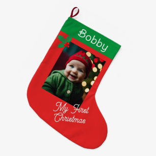 Grande Chaussette De Noël Premier Noël pour bébé garçon ou fille rouge et ve