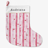 Grande Chaussette De Noël Pretty White Pink Hearts Stripes Christmas (Devant)