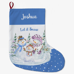 Grande Chaussette De Noël Qu'il neige Famille de bonhomme de neige heureux B