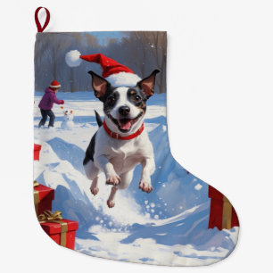 Grande Chaussette De Noël Rat Terrier courant dans la neige avec un chapeau 