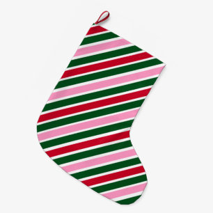 Grande Chaussette De Noël Rayures de canne à bonbons de Noël rose vert et ro