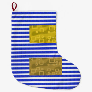 Grande Chaussette De Noël Rayures fraîches bleu or géométrique