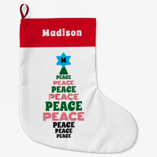 Grande Chaussette De Noël Red and Green Peace Christmas Tree White Ajouter u