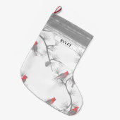 Grande Chaussette De Noël Red Birds Grey Branches Motif Monogramme (Devant (Accrochage))