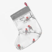 Grande Chaussette De Noël Red Birds Grey Branches Motif Monogramme (Dos (Accrochage))