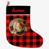 Grande Chaussette De Noël Red Buffalo Plaid Baby's First Christmas Photo (Devant)