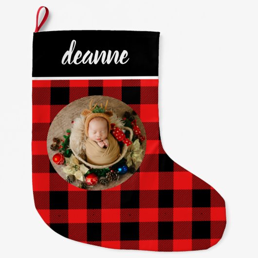Grande Chaussette De Noël Red Buffalo Plaid Baby's First Christmas Photo (Devant)