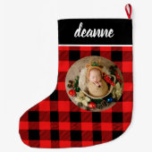 Grande Chaussette De Noël Red Buffalo Plaid Baby's First Christmas Photo (Dos)