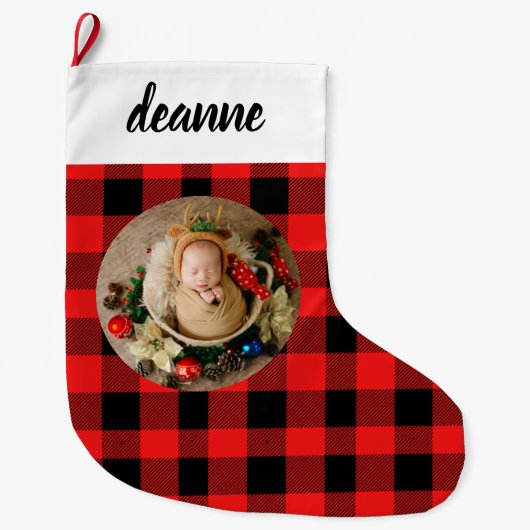 Grande Chaussette De Noël Red Buffalo Plaid Baby's First Christmas Photo (Devant)