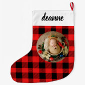 Grande Chaussette De Noël Red Buffalo Plaid Baby's First Christmas Photo (Dos)