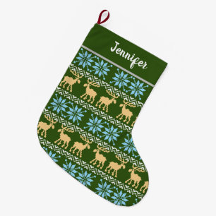 Grande Chaussette De Noël Red Christmas Snowflakes Elk Nordic Green Motif