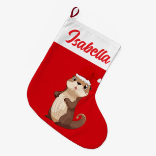 Grande Chaussette De Noël Red Joyeux écureuil de Noël Castor Santa Chapeau N