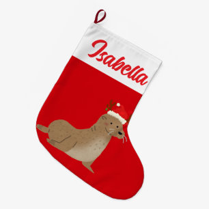 Grande Chaussette De Noël Red Joyeux Noël Mer lion Père Noël fête de Noël
