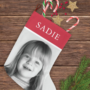 Grande Chaussette De Noël Red Modern Festive Photo + Nom Fête