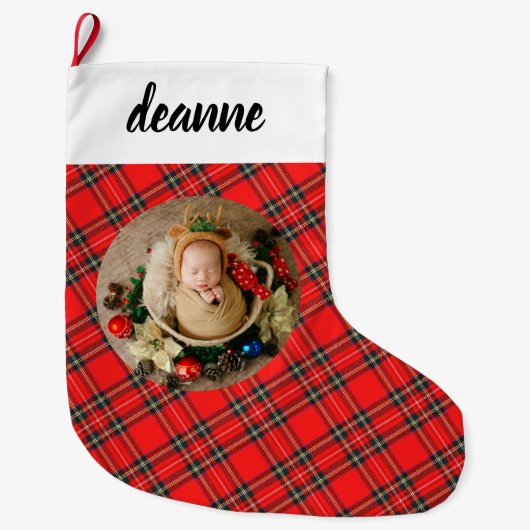 Grande Chaussette De Noël Red Plaid Elegant Baby's First Christmas Photo (Devant)