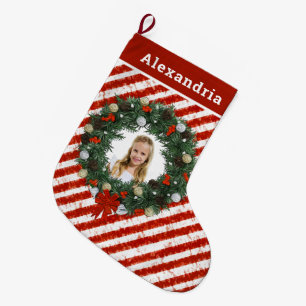 Grande Chaussette De Noël Red White Stripes Photo Holidays Personnaliser