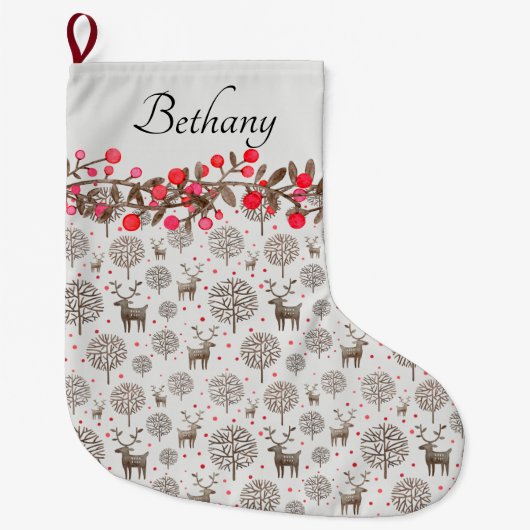 Grande Chaussette De Noël Rennes et baies de bois Fumer Blanc (Devant)