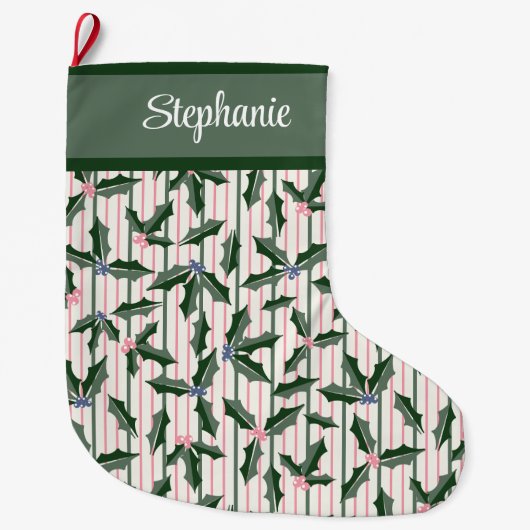 Grande Chaussette De Noël Retro Green Holly avec nom (Devant)